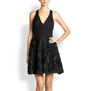 Aidan Mattox Black V Neck Floral Textured Mini Fit & Flare Dress Womens 2
